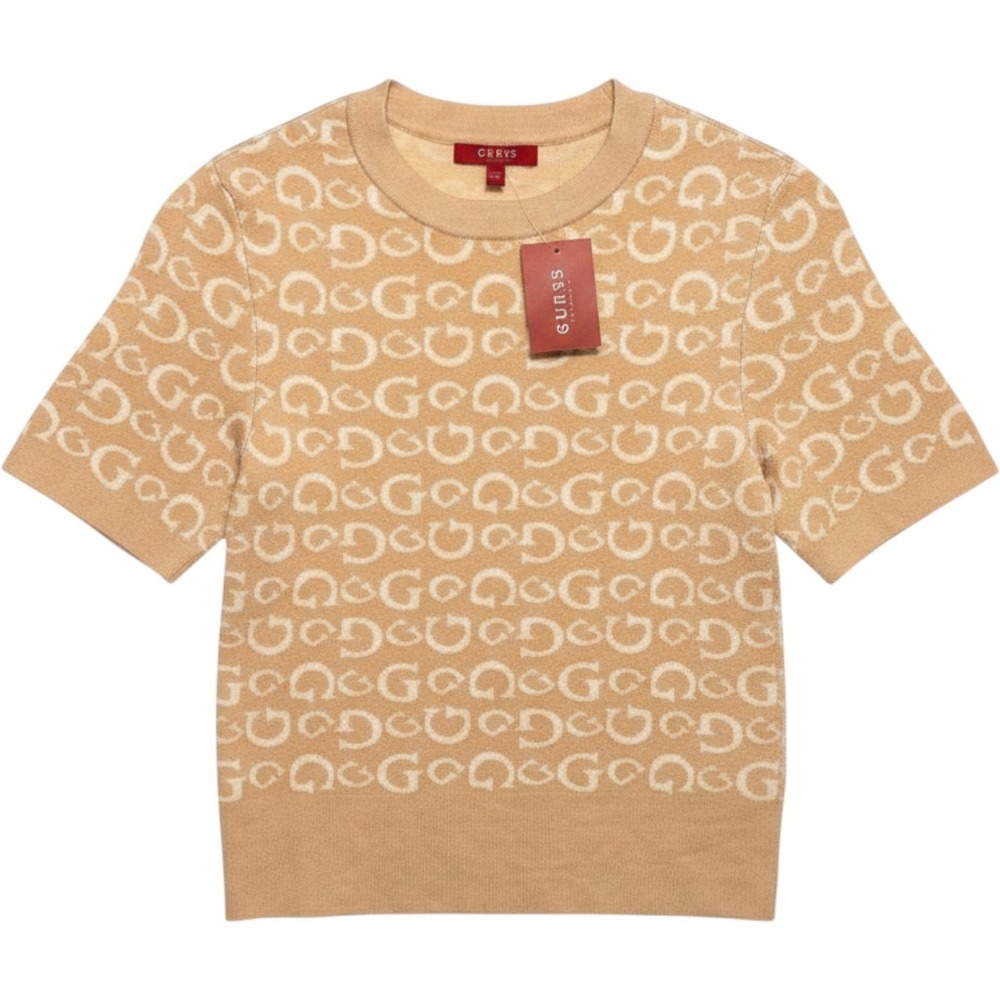 Guess Jalee SS Sweater Smoked Peach Multi Monogram Logo Knit Top R3BR46 Z2NM0